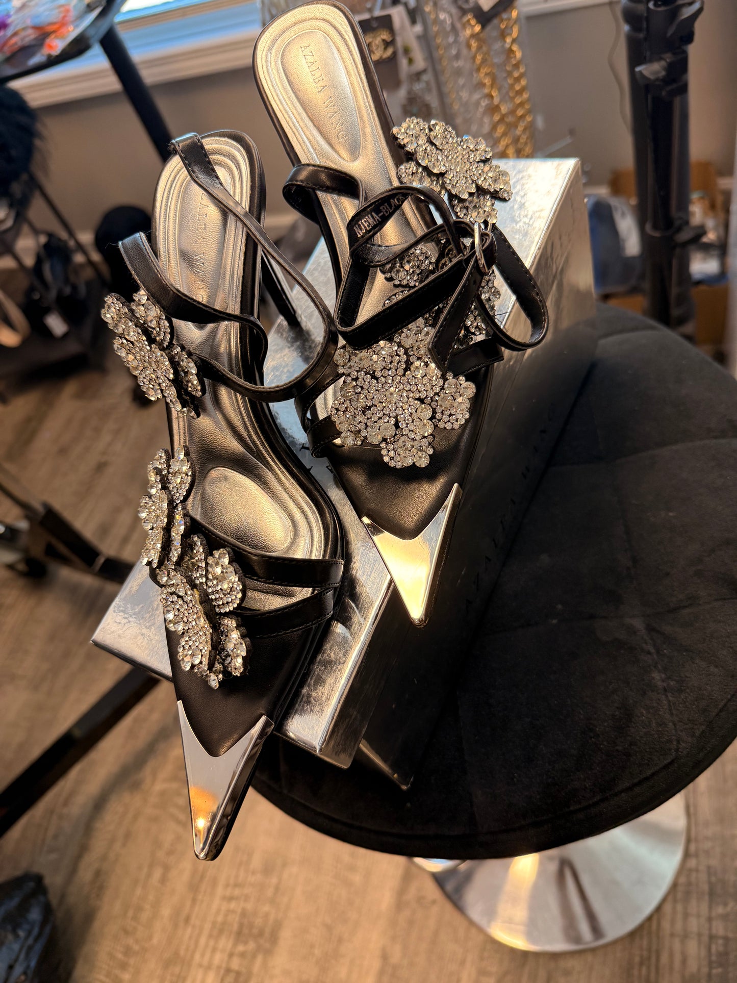 Sliver And Black Kitten Heel A