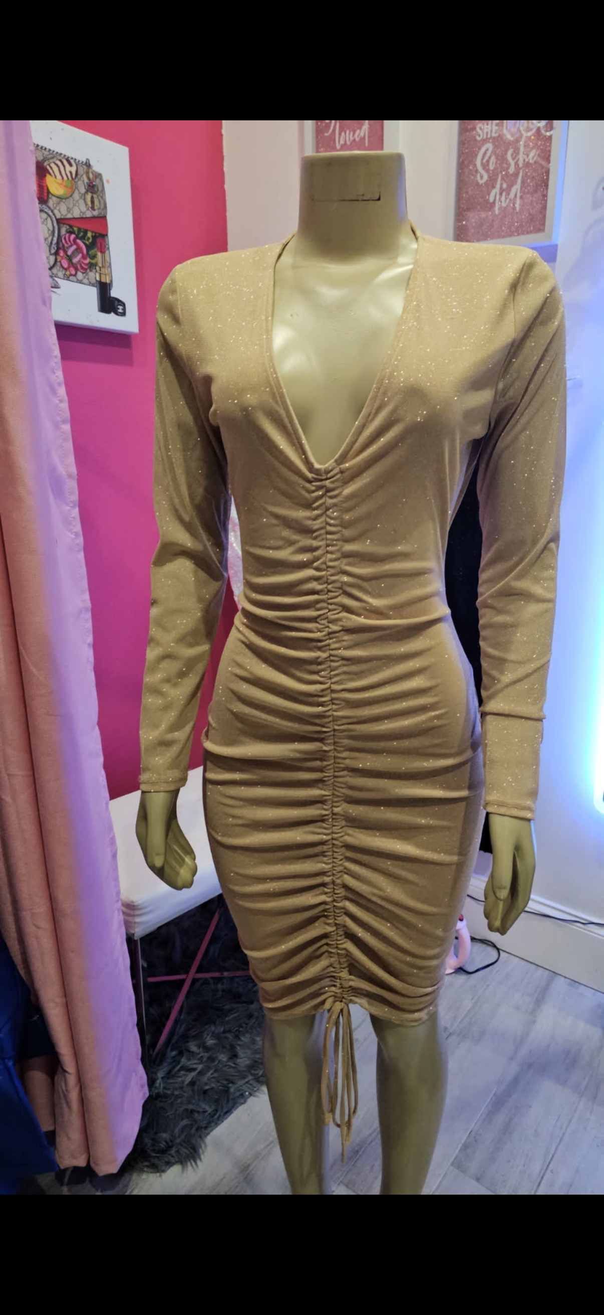Ruched Bodycon Brown and Gold Dress