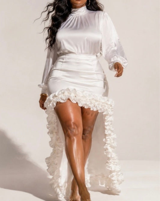 Plus Size Ruffled High-low Maxi Skirt White