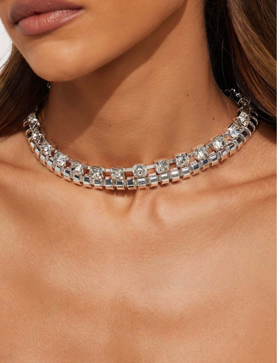 Neckless Rhinestone Layered Silver