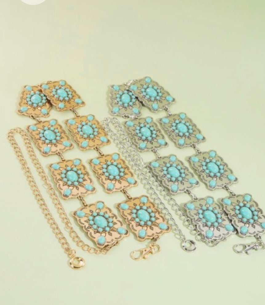 Western Mini Turquoise Stud Rectangle Concho Chain Belt 1