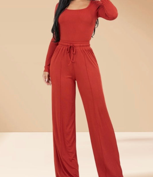 Long Sleeve Bodysuit Pants Set Flare  Rust