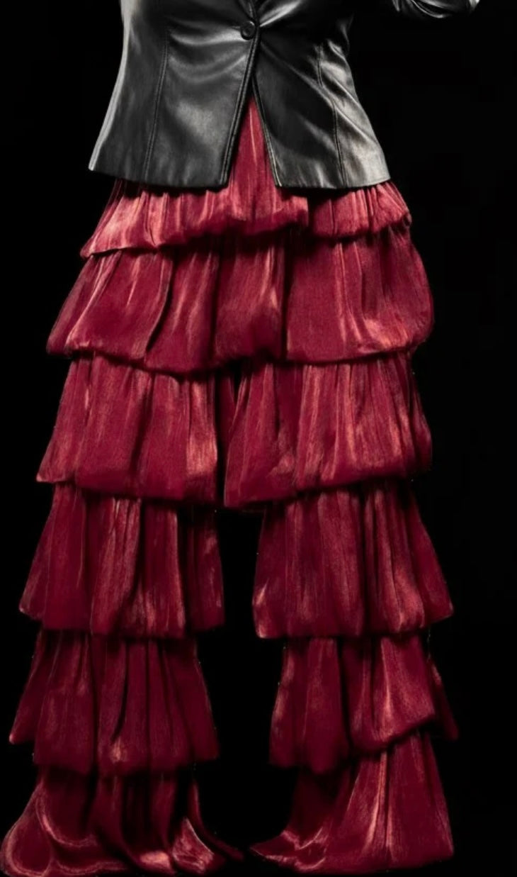 SUPER TIERED GLOSSY SATIN PANTS (PLUS)