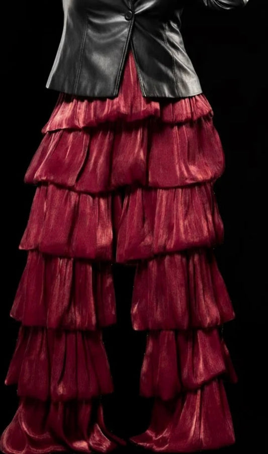 SUPER TIERED GLOSSY SATIN PANTS (PLUS)
