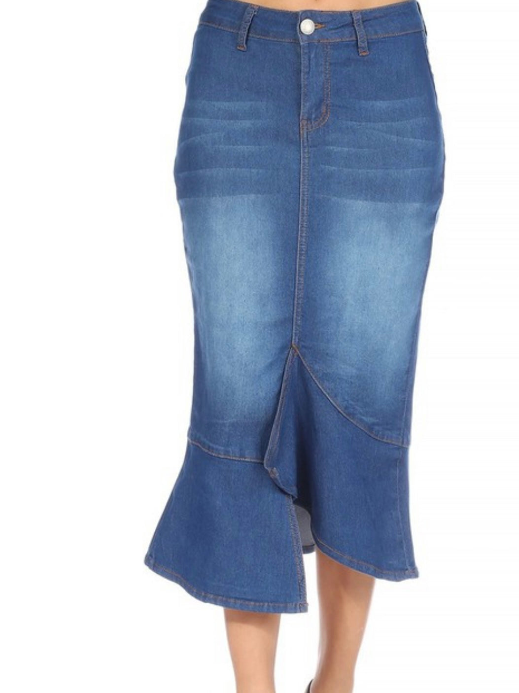 Denim Skirt  With A Split Indigo Wash Long