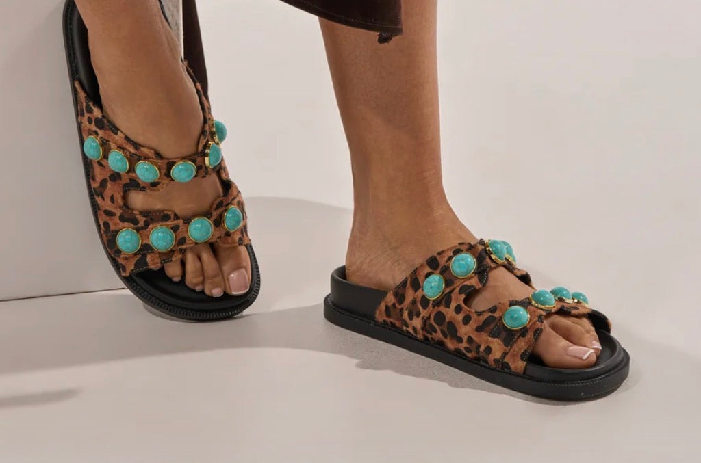 LEOPARD SLIP ON SANDAL WITH STONES