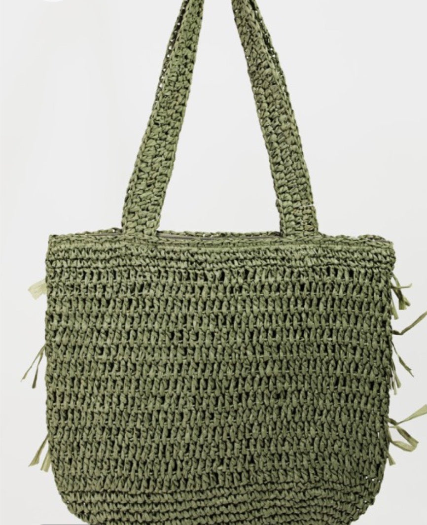 Straw Braided Raffia Fringe Tote Bag