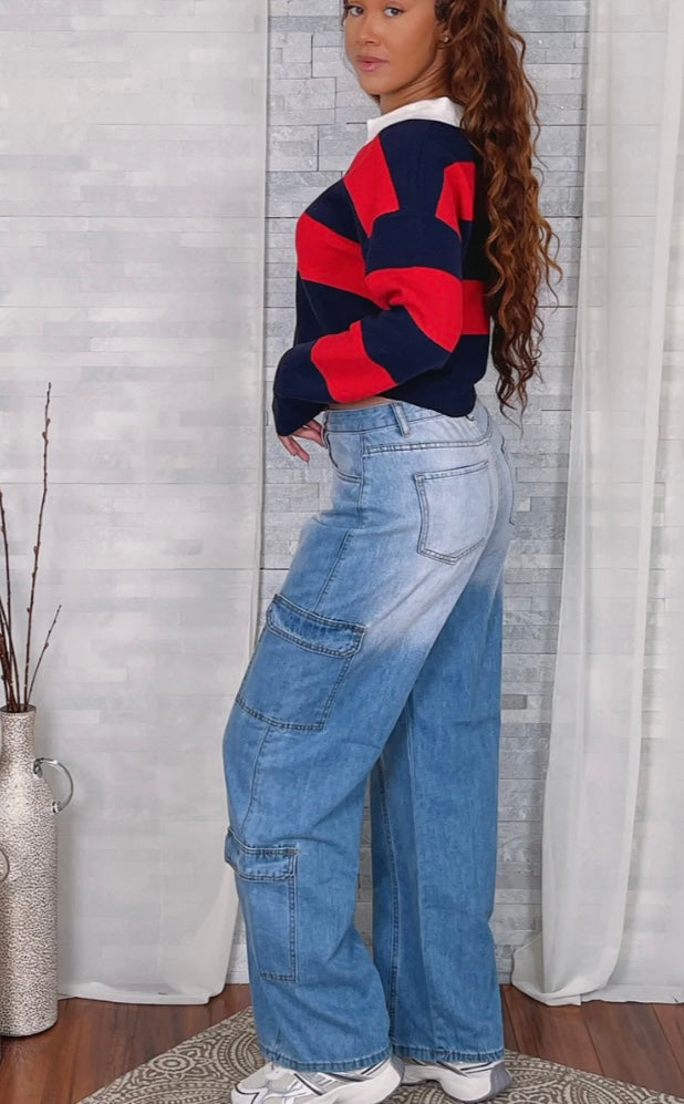 HIGH WAIST MULTI CARGO WASHED JEANS