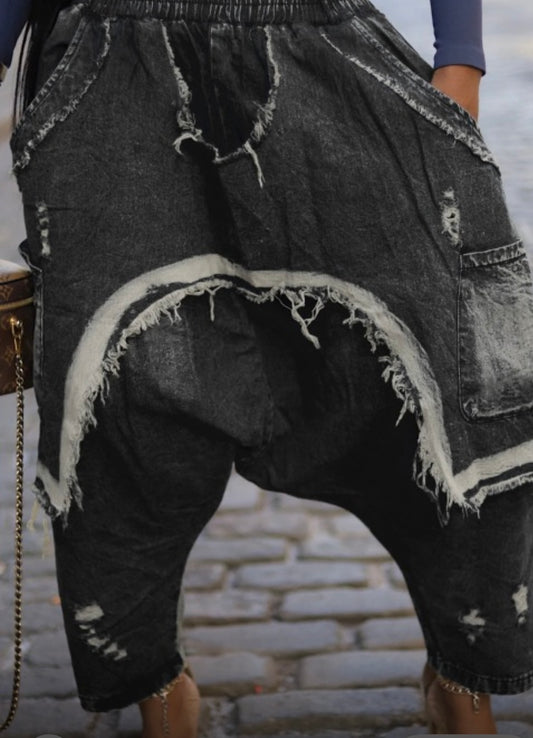 Trendy Distressed Denim Harem Pants Black