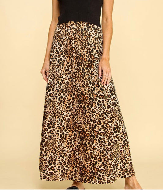 Women's Stylish Print High Waist Flare Maxi Skirt LEOPARD