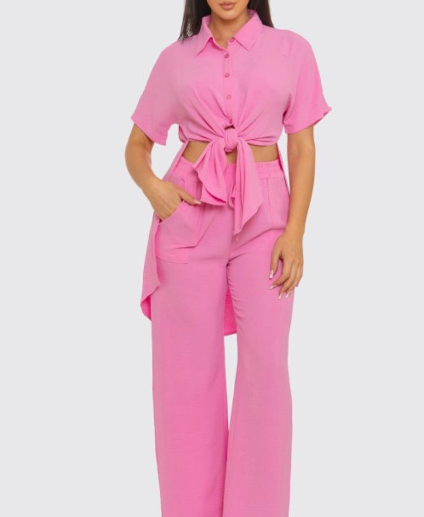 Button Down Front Tie Back Slit Top Set