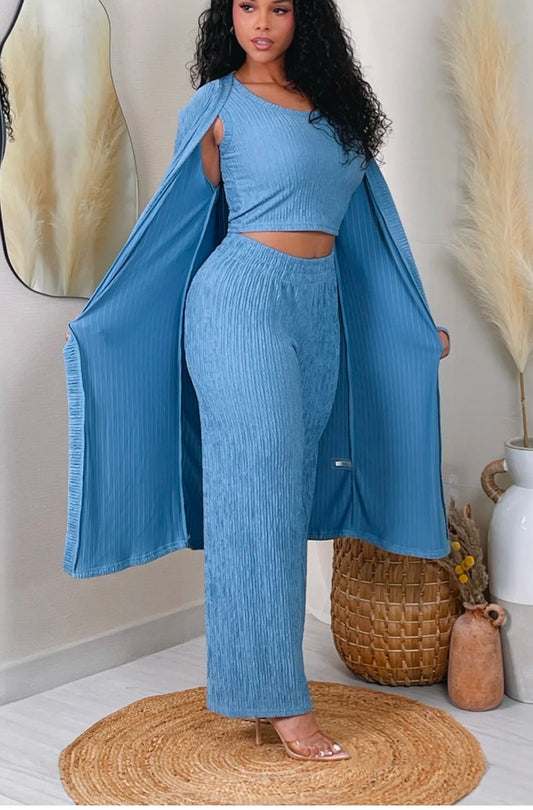 Blue TEXTURED TOP, CARDIGAN & PANTS SET
