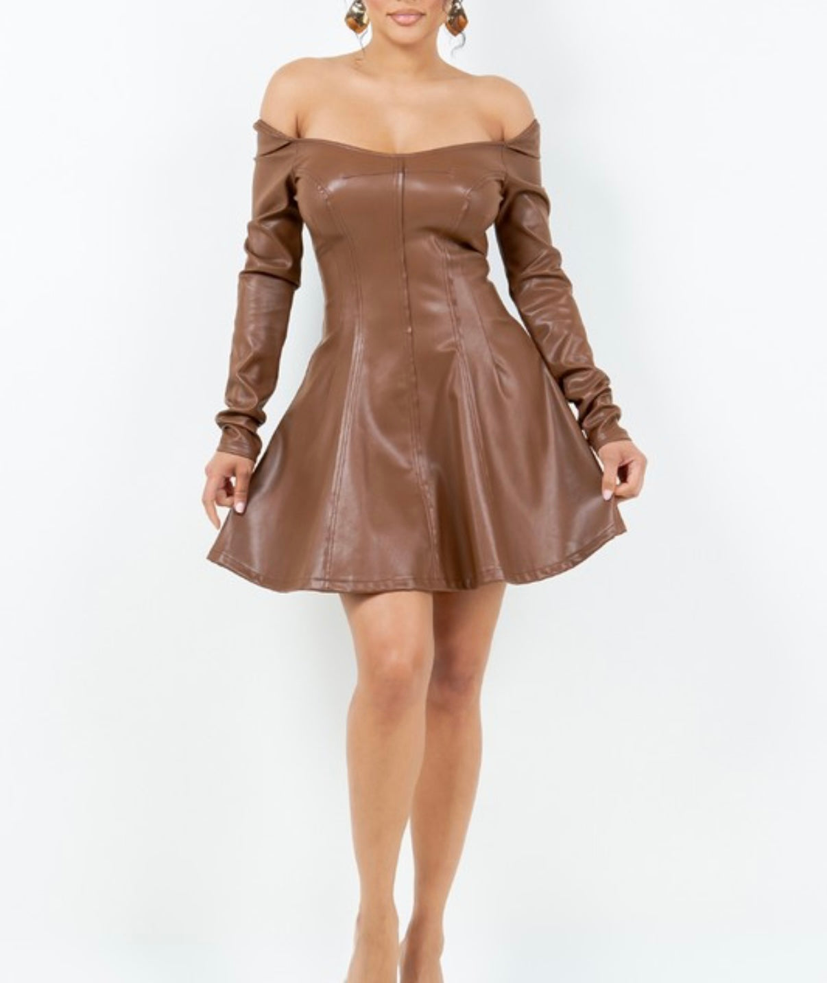 Faux Leather  Off Shoulder Fit & Flare Dress