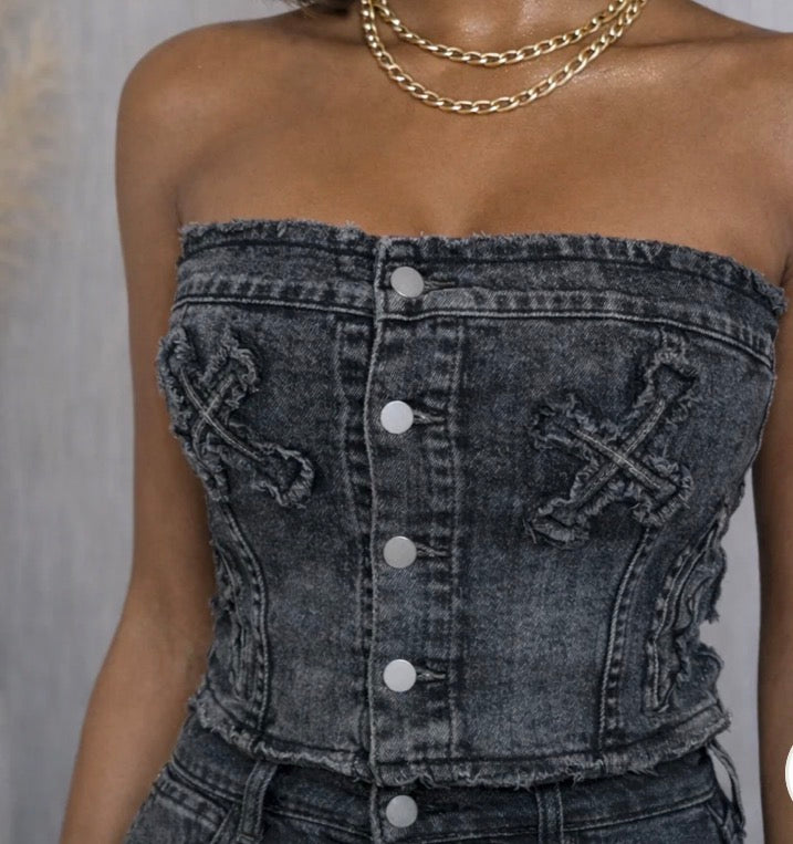 DENIM CROSS PATCH TUBE TOP