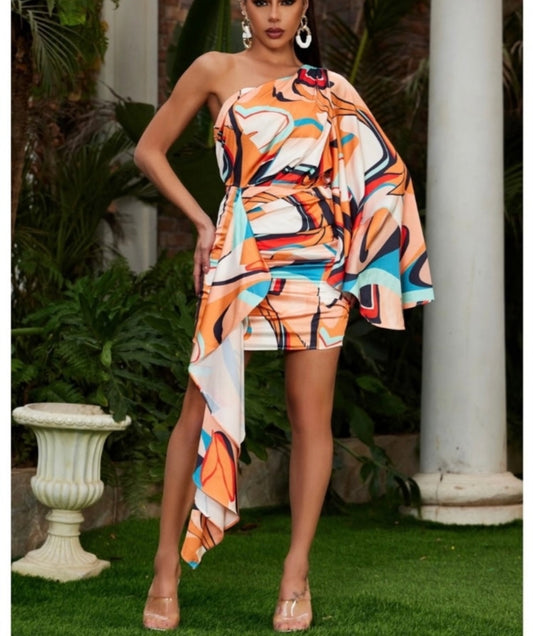 Print Dramatic Sleeve Dress With Sash
