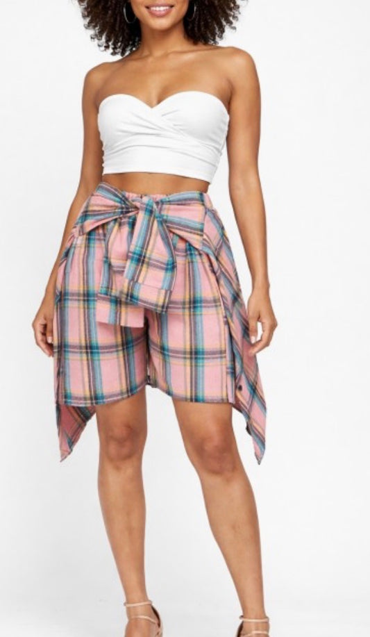 Plaid Shirt Overlayed Sleeve Tie Design Shorts