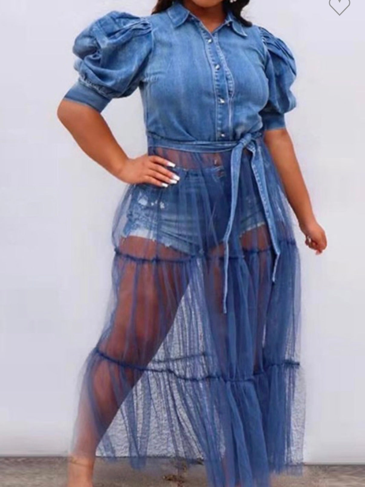 Puff Sleeve Denim Maxi Dress