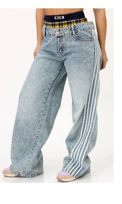 Double Waistband Washed Denim Wide Pants