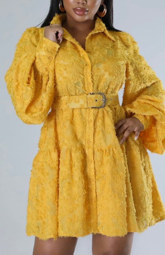 COLLAR WIDE LS MIDI DRESS Mustard