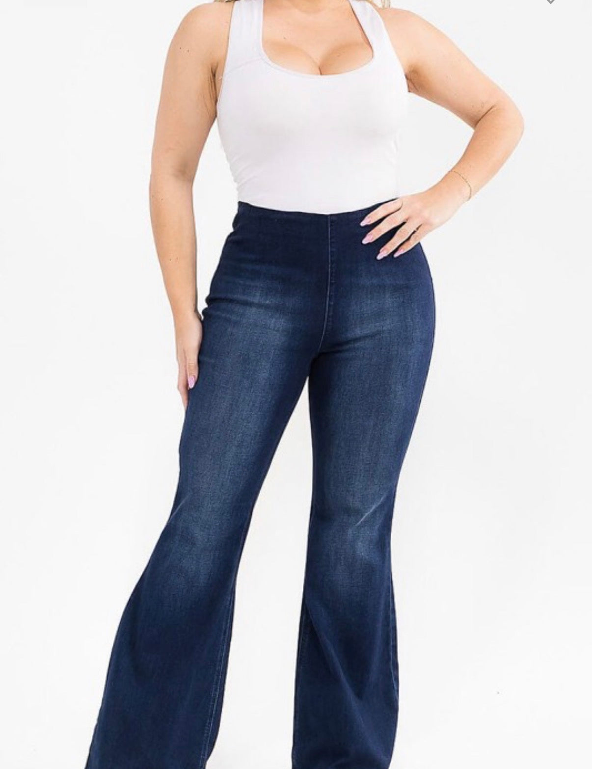 Elastic Waist Washed Bell Legs Denim Stretch Pants Plus