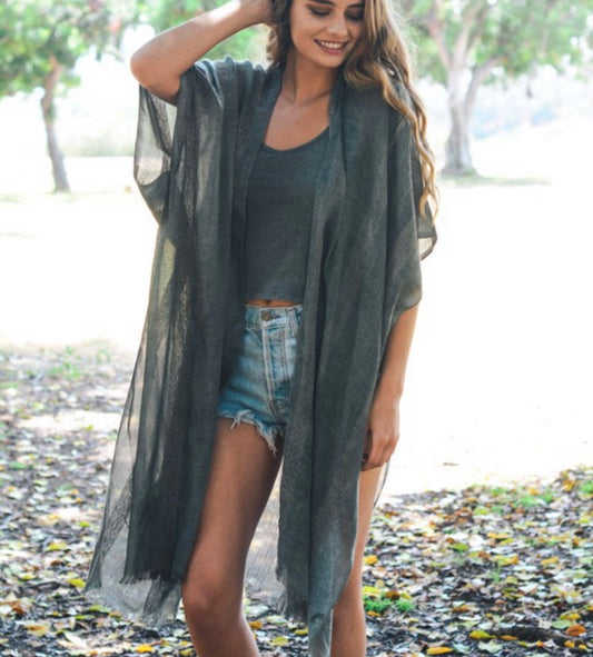Woven Long Line Tribal Kimono Wrap With Fringe  Charcoal