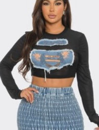 Mesh Crop Top With Denim Patches