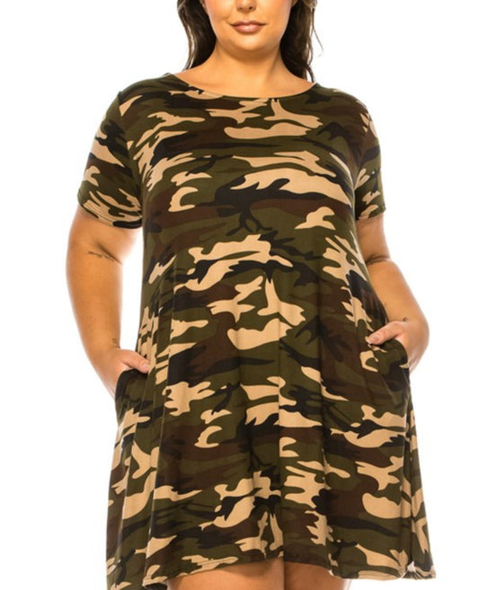 Plus Camouflage Print, Short Sleeve Dress