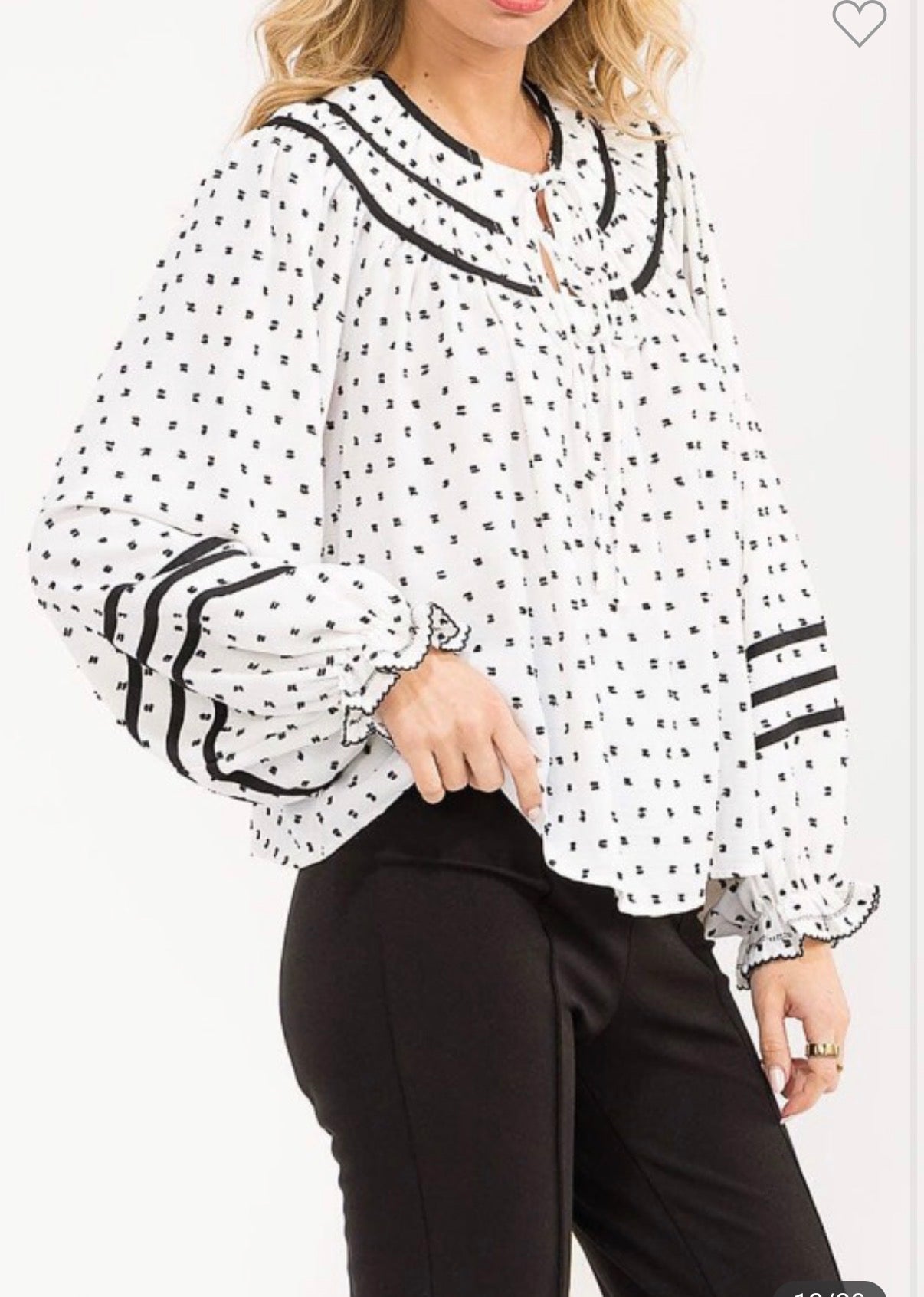 Plus  Long Balloon Sleeve V-neck Polka Dots Blouse