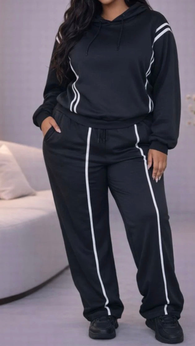 STRIPED TRIM DETAIL HOODIE & PANTS SET (PLUS)