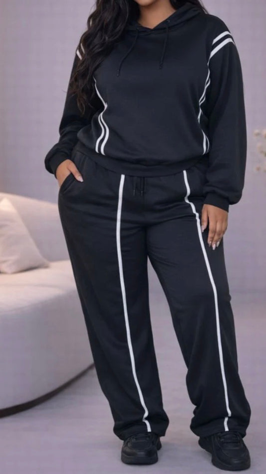 STRIPED TRIM DETAIL HOODIE & PANTS SET (PLUS)