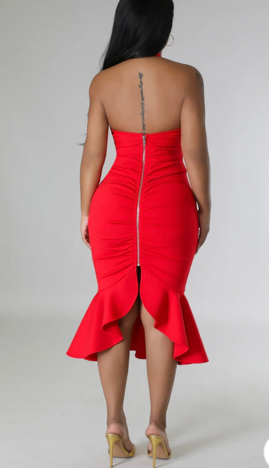 MOCK NECK SLEEVELESS MERMAID RUFFLE DRESS Red