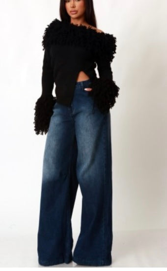 Textured Shaggy Knit Off Shoulder Top Black