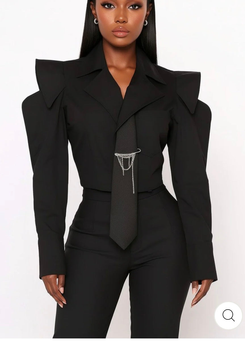 POPLIN OPEN SHOULDER CROP SHIRT WITH TIE