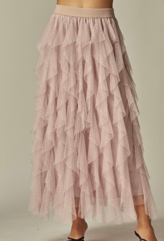 Ruffle Asymmetric Dotted Tulle Skirt ROSE