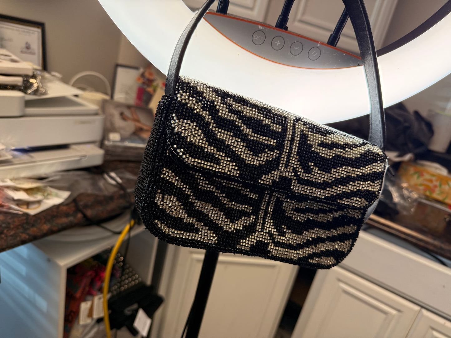 V Beaded Black/Silver Purse A
