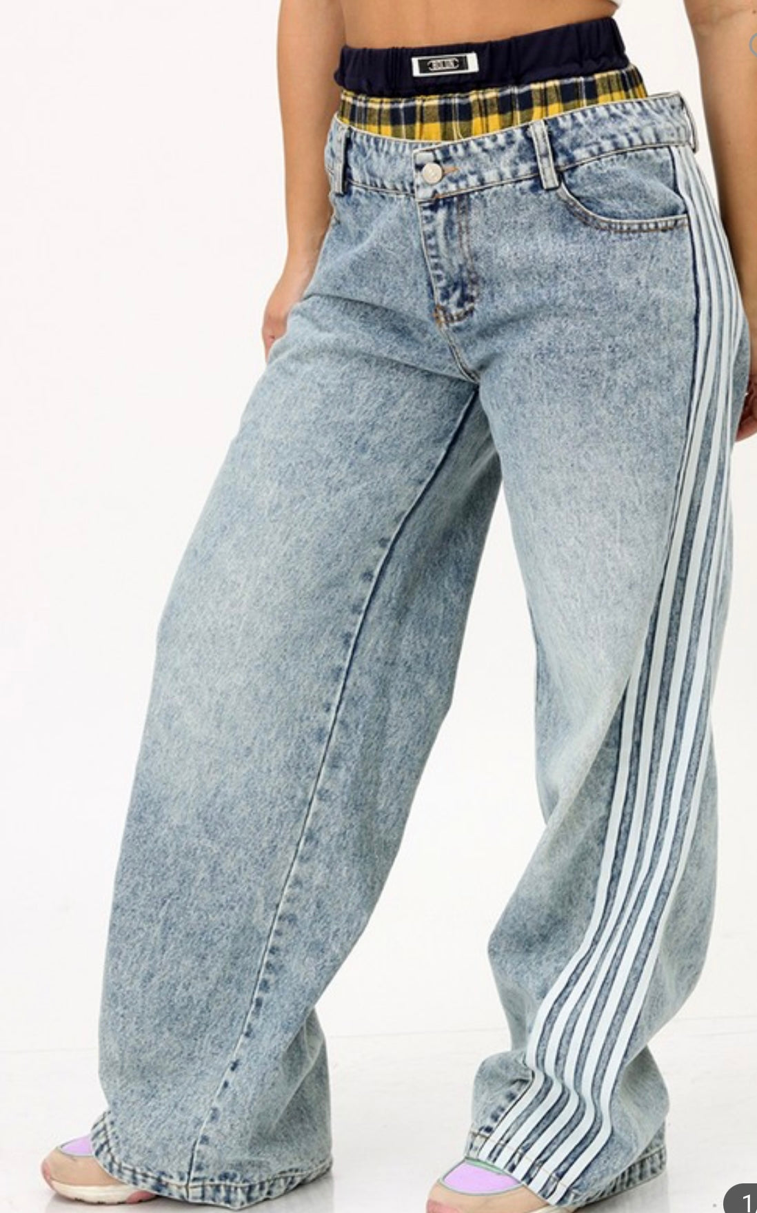 Double Waistband Washed Denim Wide Pants