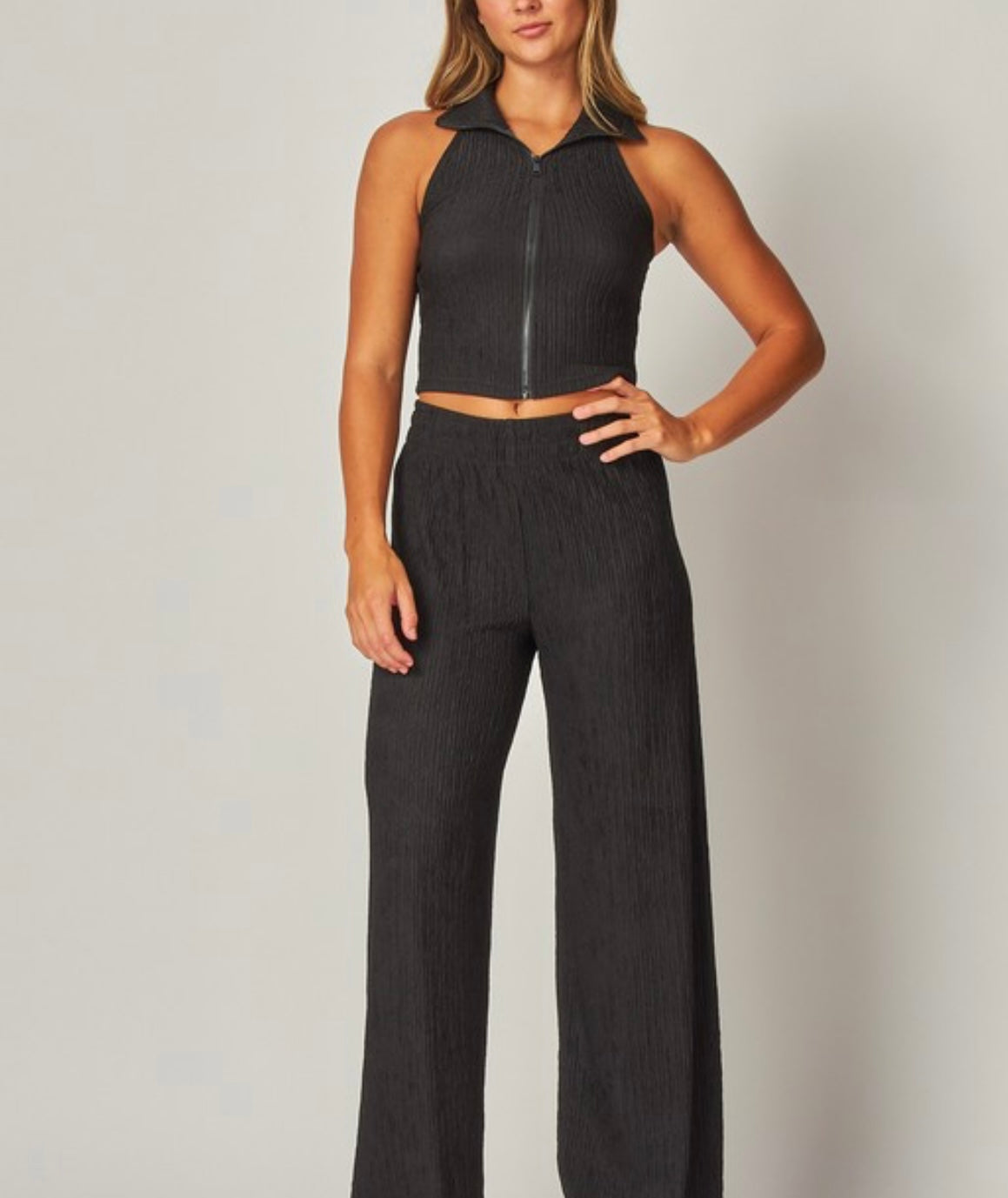 Crinkle Textured Collar Zip-up 2pc Loungewear Set