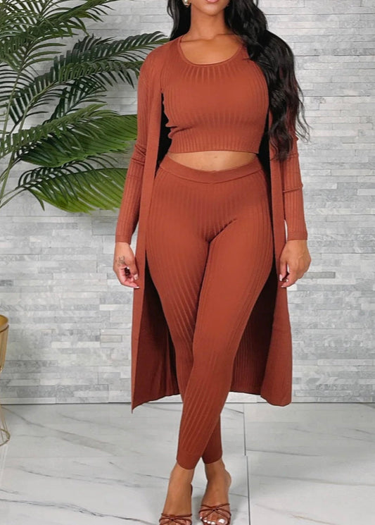 Rib Three Piece Set With Cardigan Mocha