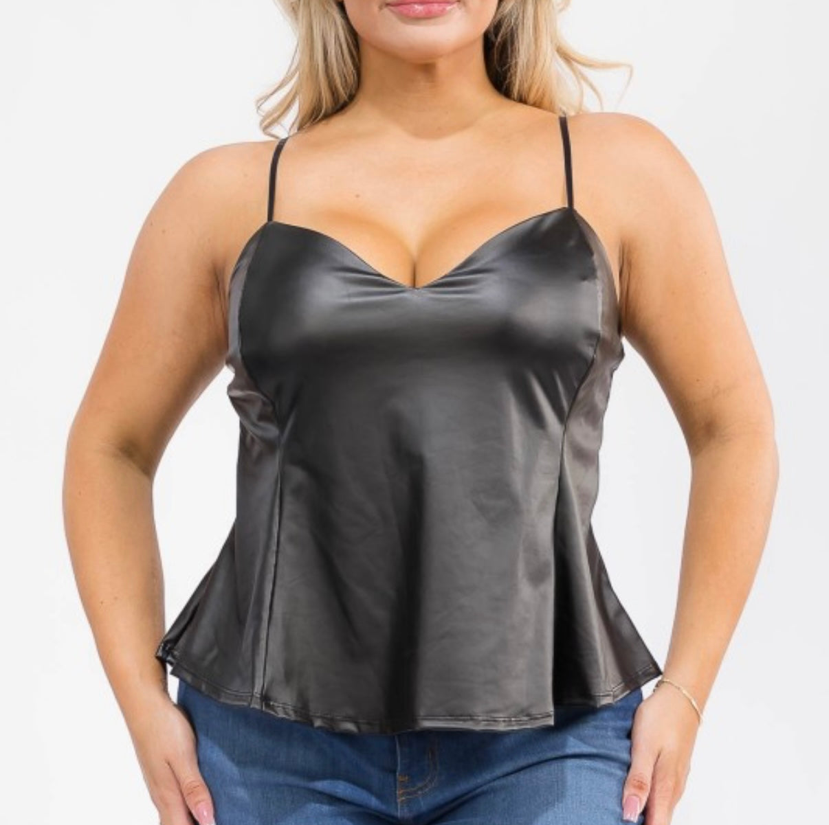 Plus Size Faux Leather Sweetheart Neck Peplum Tank
