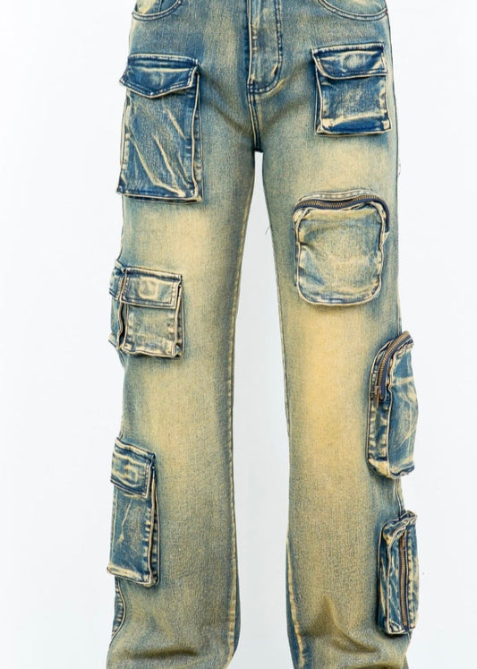 PLUS SIZE MULTI POCKETS WIDE LEG JEANS Lt Blue 22 Cargo