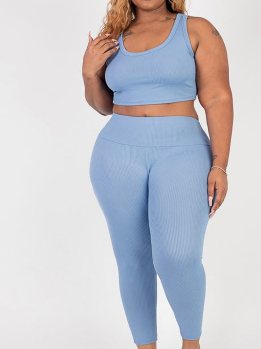 Plus Size Crop Top And Leggings Sets Blue