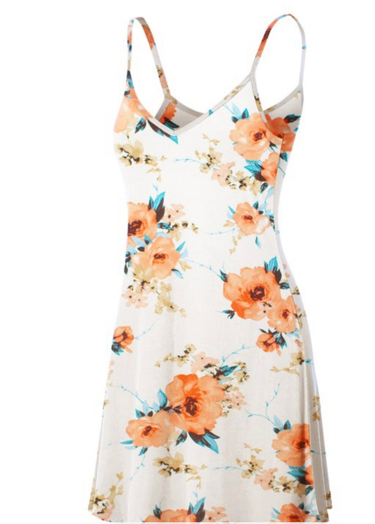 V Neck Spaghetti Strap Tunic Short Slip Dress  WHITE FLORAL