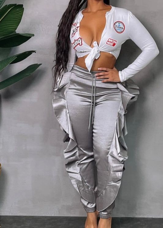 Ruffle Side Drawstring Jogger Pants (Plus) Silver