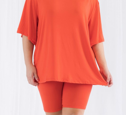 Plus Size Loose Fit Top T Shirt &biker Shorts Set Red