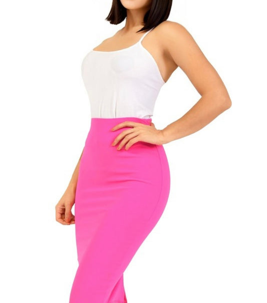 Solid Knee Length Pencil Skirt Neon Pink
