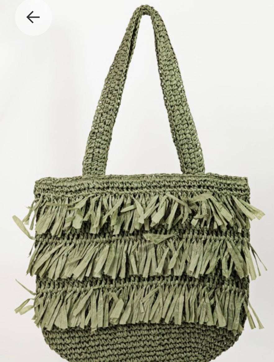 Straw Braided Raffia Fringe Tote Bag