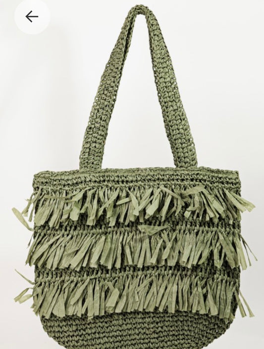 Straw Braided Raffia Fringe Tote Bag