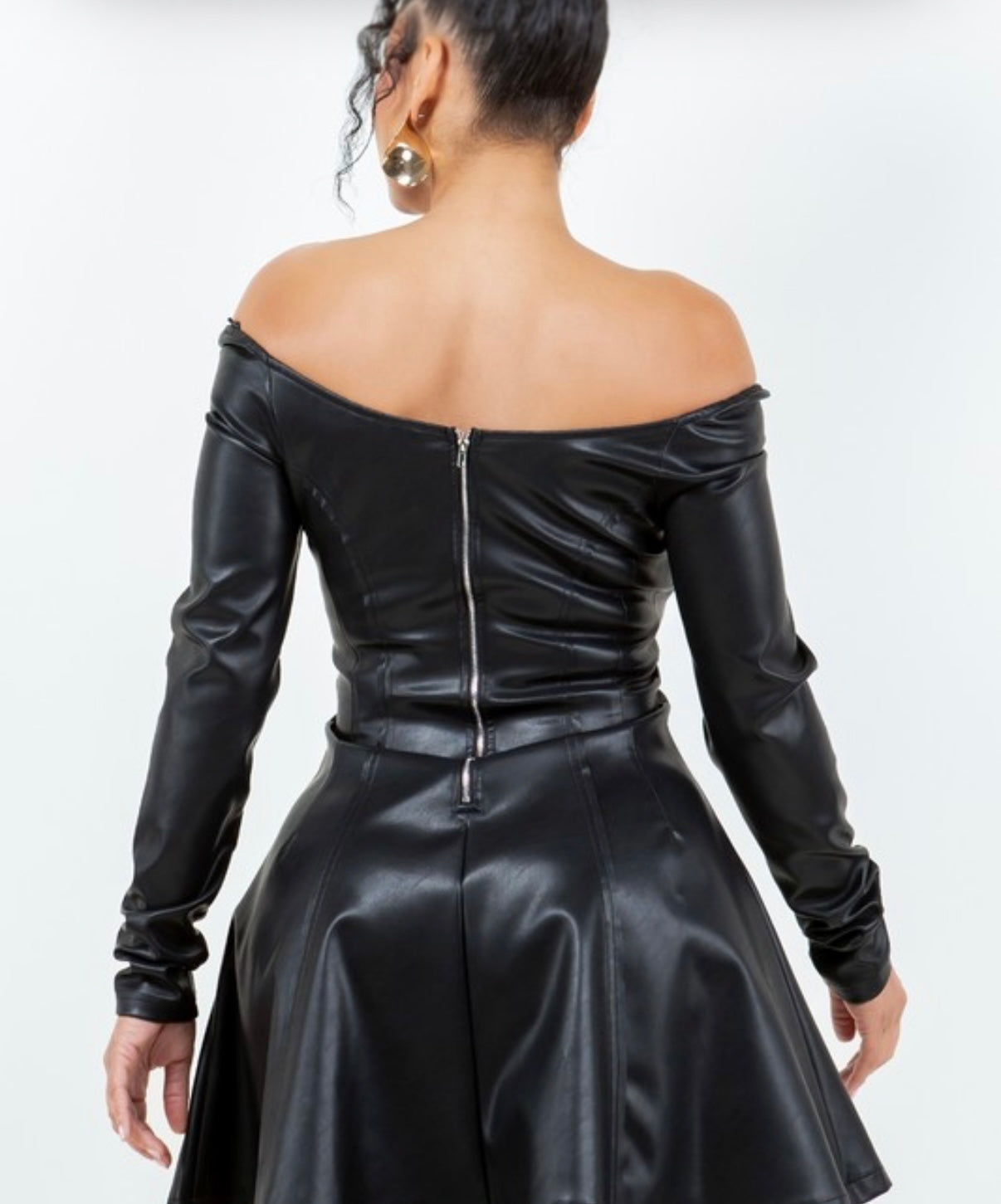 Faux Leather  Off Shoulder Fit & Flare Dress