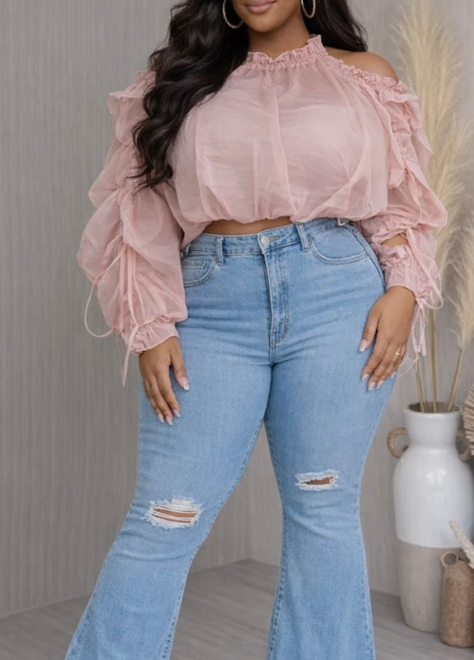PINK OFF SHOULDER RUFFLE CROP BLOUSE SET (PLUS)