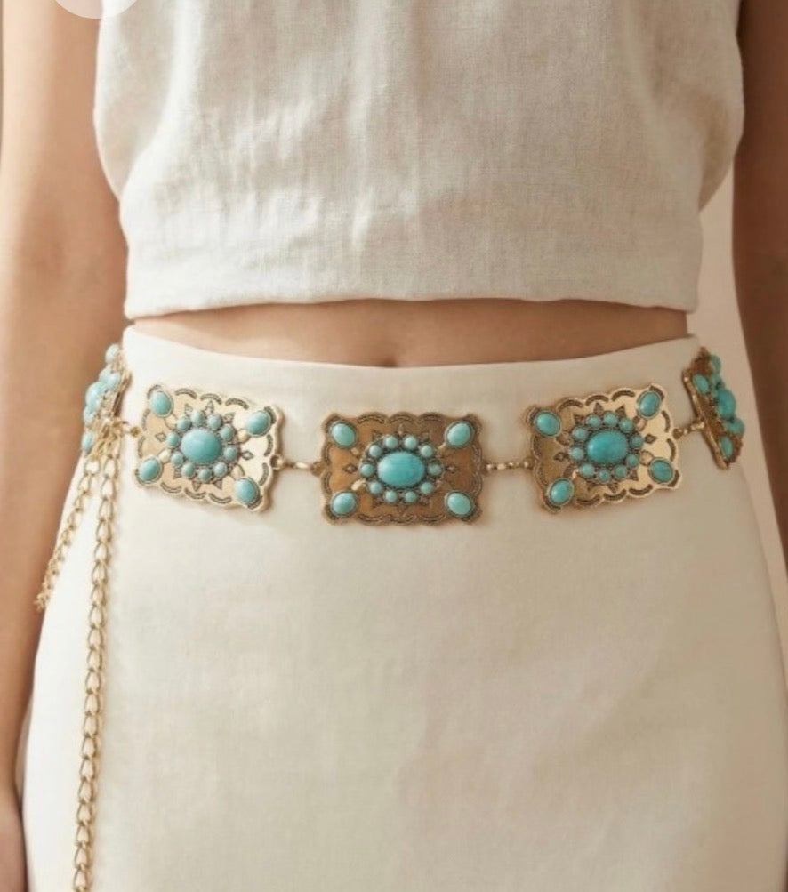 Western Mixed Turquoise Stud Rectangle Concho Chain Belt 2